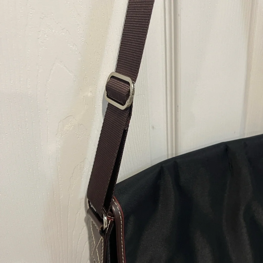 Lancel black nylon messenger crossbody bag with brown leather trim
